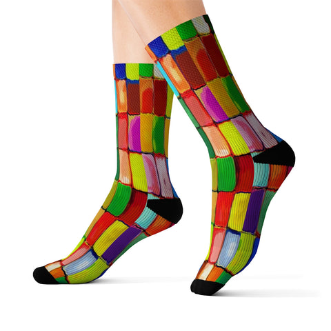 Image of Colorful Color Block Mosaic Long Sublimation Socks, High Ankle Socks, Warm and