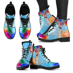 Women's Vegan Leather Boots, Colorful Deer Blue Floral Flowers Design,