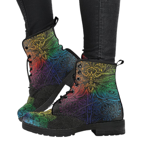 Image of Bright Dragonfly Vegan Leather Boots , Women's Ankle Boots, Boho Chic,