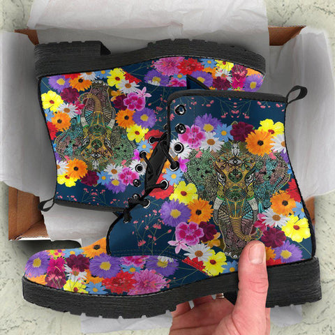 Image of Women's Colorful Elephant Mandala Floral Vegan Leather Boots - Handcrafted, Multicolored, Combat Style, Leather, Unique Footwear