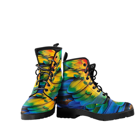 Image of Colorful Feathers Design Women's Vegan Leather Boots, Multi,Coloured, Combat