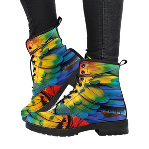 Colorful Feathers Design Women's Vegan Leather Boots, Multi,Coloured, Combat