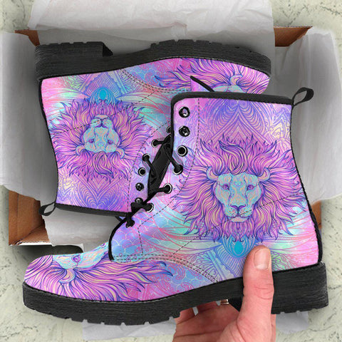 Image of Handcrafted Women’s Pink Lion Head Combat Boots - Vegan Leather Ankle Boots