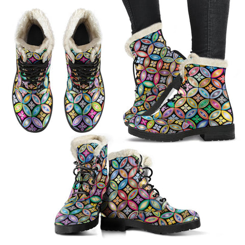 Image of Colorful Floral Mosaic Combat Style Boots, Rain Boots,Hippie,Emo Punk Boots,Goth Winter Boots,Casual Boots, Ankle Boots, Custom Boots