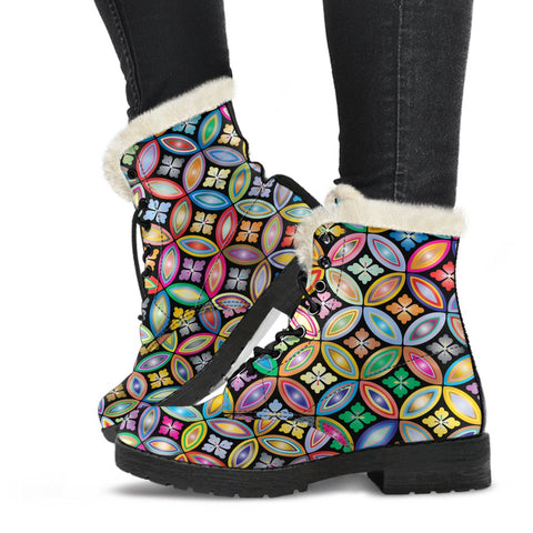 Image of Colorful Floral Mosaic Combat Style Boots, Rain Boots,Hippie,Emo Punk Boots,Goth Winter Boots,Casual Boots, Ankle Boots, Custom Boots