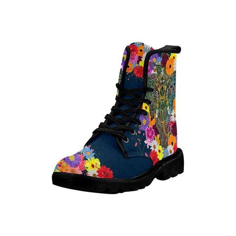 Image of Colorful Floral Sacred Elephant Womens Boots, Combat Style Boots, Lolita Combat Boots,Hand Crafted