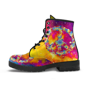 Tie Dye Peace Signs Hippie Abstract Women's Vegan Leather Boots, Handcrafted,
