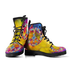 Tie Dye Peace Signs Hippie Abstract Women's Vegan Leather Boots, Handcrafted,
