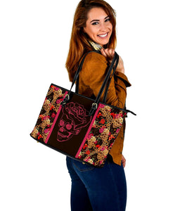 Colorful Flower Chain Skull Brown Tote Bag,Multi Colored,Bright,Leather Bag,Leather Tote Bag Women Bag,Everyday Bag,Handbag,Canvas Bag