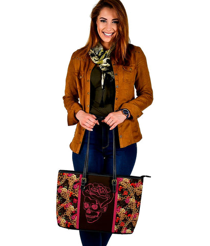 Image of Colorful Flower Chain Skull Brown Tote Bag,Multi Colored,Bright,Leather Bag,Leather Tote Bag Women Bag,Everyday Bag,Handbag,Canvas Bag