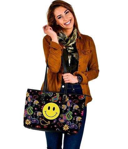 Colorful Flower Paisley Smiley Face Tote Bag,Multi Colored,Bright,Leather Bag,Leather Tote Bag Women Bag,Everyday Bag,Handbag,Canvas Bag