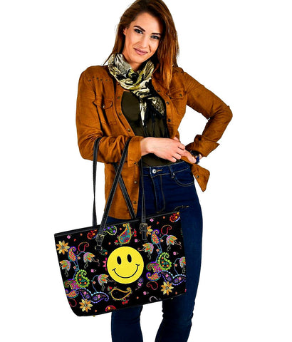 Colorful Flower Paisley Smiley Face Tote Bag,Multi Colored,Bright,Leather Bag,Leather Tote Bag Women Bag,Everyday Bag,Handbag,Canvas Bag