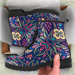 Abstract Flowers Design: Women's Vegan Leather Boots, Handcrafted Festival