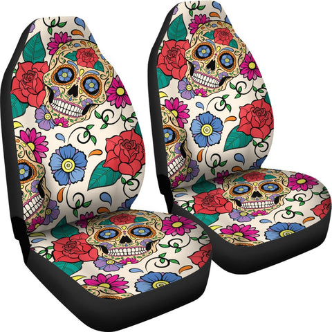 Image of Colorful Flower Sugar Skull 2 Front Car Seat Covers Car Seat Covers,Car Seat Covers Pair,Car Seat Protector,Car Accessory,Front Seat Covers