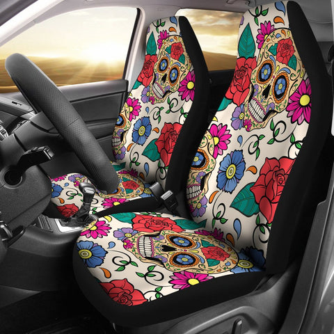 Image of Colorful Flower Sugar Skull 2 Front Car Seat Covers Car Seat Covers,Car Seat Covers Pair,Car Seat Protector,Car Accessory,Front Seat Covers