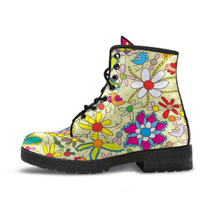 Colorful Floral Plant Women's Vegan Leather Boots, Hippie Combat Shoes,