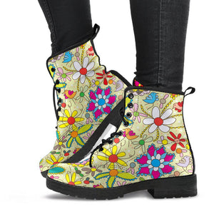 Colorful Floral Plant Women's Vegan Leather Boots, Hippie Combat Shoes,