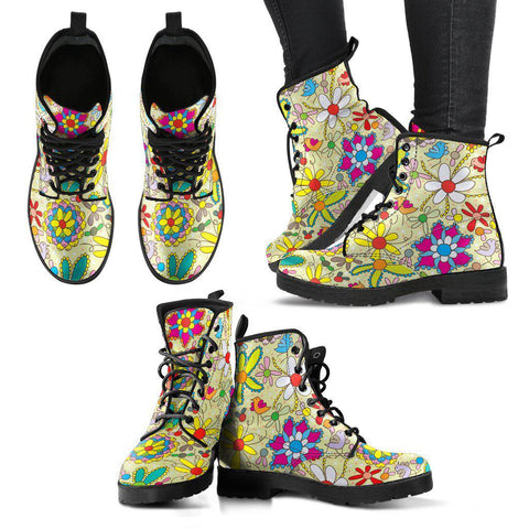 Image of Colorful Floral Plant Women's Vegan Leather Boots, Hippie Combat Shoes,