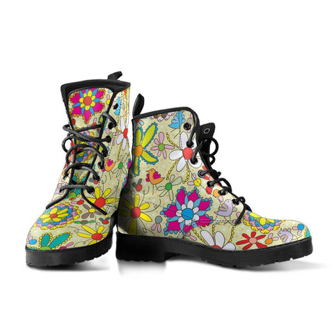 Image of Colorful Floral Plant Women's Vegan Leather Boots, Hippie Combat Shoes,