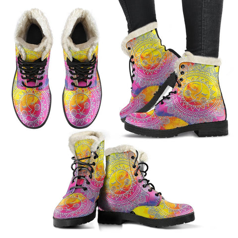 Image of Colorful Galaxy Sun And Moon Mandala Custom Boots,Boho Chic boots,Spiritual Lolita Combat Boots,Hand Crafted,Multi Colored,Streetwear