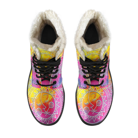 Image of Colorful Galaxy Sun And Moon Mandala Custom Boots,Boho Chic boots,Spiritual Lolita Combat Boots,Hand Crafted,Multi Colored,Streetwear