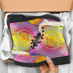 Colorful Galaxy Sun And Moon Mandala Custom Boots,Boho Chic boots,Spiritual Lolita Combat Boots,Hand Crafted,Multi Colored,Streetwear
