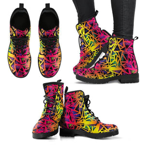 Women’s Vegan Leather Boots , Colorful Pink Yellow Triangles , Cosmos