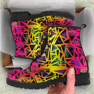 Women’s Vegan Leather Boots , Colorful Pink Yellow Triangles , Cosmos