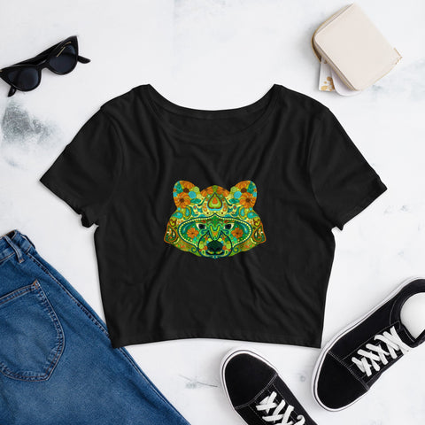 Image of Colorful Green Mandala Fox Women’S Crop Tee, Fashion Style Cute crop top, casual
