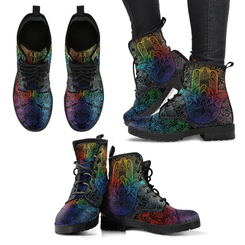 Image of Bright Hamsa Women's Vegan Leather Boots, Multi,Coloured, Combat Style,