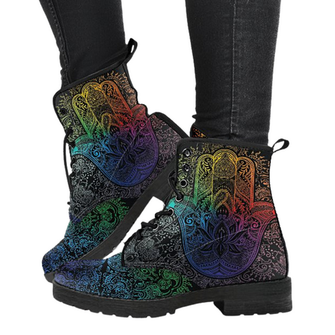 Image of Bright Hamsa Women's Vegan Leather Boots, Multi,Coloured, Combat Style,