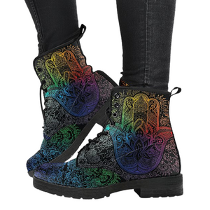 Bright Hamsa Women's Vegan Leather Boots, Multi,Coloured, Combat Style,