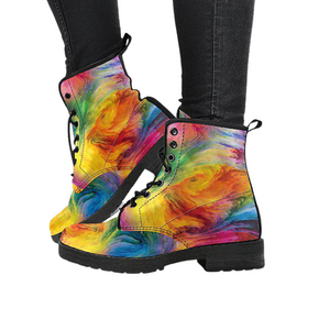 Women's Vegan Leather Boots, Colorful Abstract Rainbow Design, Hippie