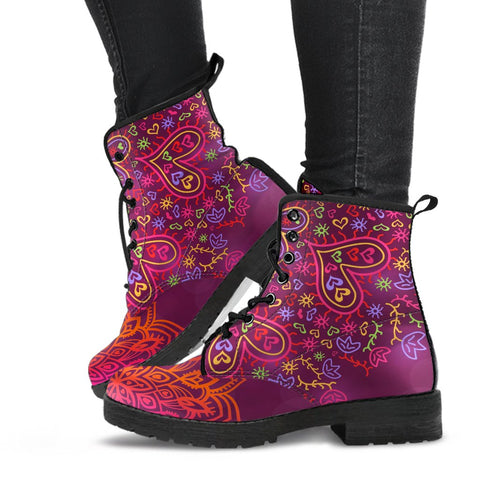 Image of Colorful Decor Floral Heart Mandala Women's Vegan Leather Boots, Hippie