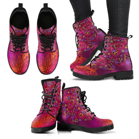 Image of Colorful Decor Floral Heart Mandala Women's Vegan Leather Boots, Hippie