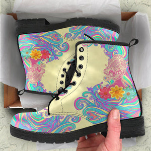 Handcrafted Women’s Colorful Hippie Swirl Combat Boots , Vegan Leather with