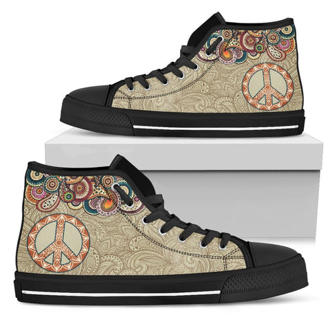 Image of Colorful Khaki Peace Paisley High Tops Sneaker, Spiritual, High Quality,Handmade Crafted,Hippie,Multi Colored,Canvas Shoes,High Quality,Boho