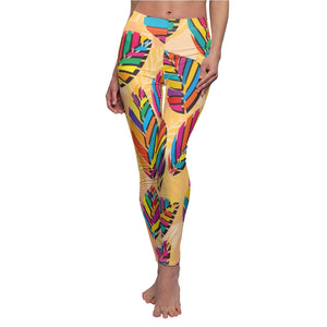 Colorful Leaf Multicolored Yellow Women's Cut & Sew Casual Leggings, Yoga Pants,