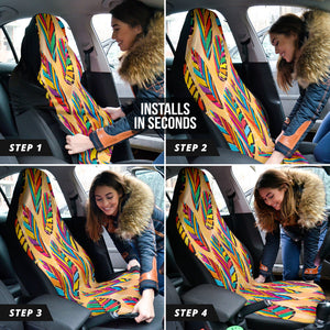 Leaf Stripe Tribal Style Car Seat Covers, Colorful Front Seat Protectors Pair,