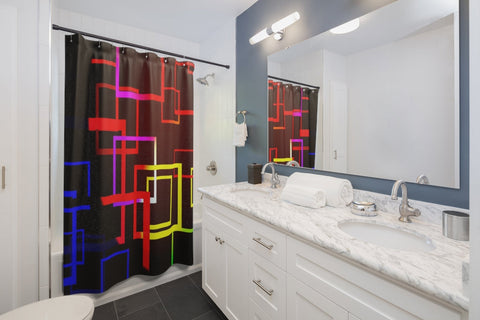 Image of Colorful Line Block Squares Black Multicolored Shower Curtains, Water Proof Bath