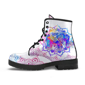 White Colorful Elephant Mandalas Women's Vegan Leather Boots, Handcrafted Hippie