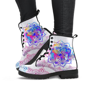 White Colorful Elephant Mandalas Women's Vegan Leather Boots, Handcrafted Hippie