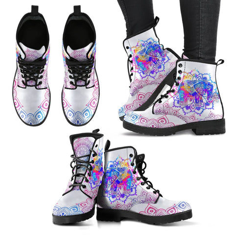 Image of White Colorful Elephant Mandalas Women's Vegan Leather Boots, Handcrafted Hippie