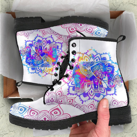 Image of White Colorful Elephant Mandalas Women's Vegan Leather Boots, Handcrafted Hippie