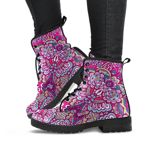 Image of Vivid Colorful Mandala: Women's Vegan Leather Boots, Handcrafted Ankle Boots,
