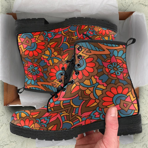 Image of Exquisite Floral Mandala: Women's Vegan Leather, Handcrafted Rainbow Boots,