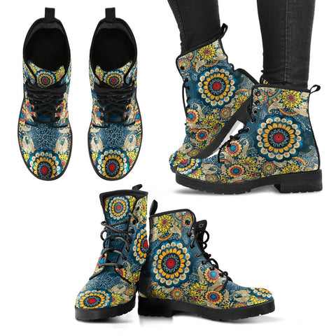 Image of Floral Mandala Women's Vegan Leather Boots, Multi,Coloured, Combat Style,