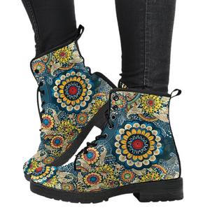 Floral Mandala Women's Vegan Leather Boots, Multi,Coloured, Combat Style,