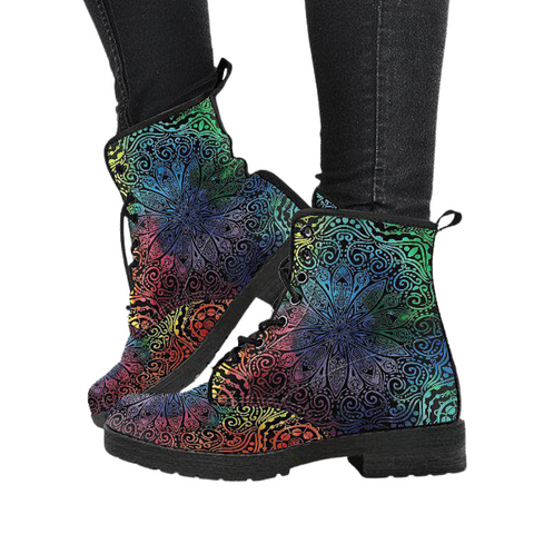 Image of Women's Vegan Leather Boots, Colorful Mandalas Design, Stylish and Eco-friendly Footwear