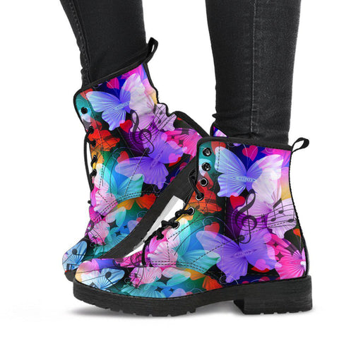 Image of Women’s Colorful Abstract Art Combat Boots - Vegan Leather with Butterflies & Musical Notes